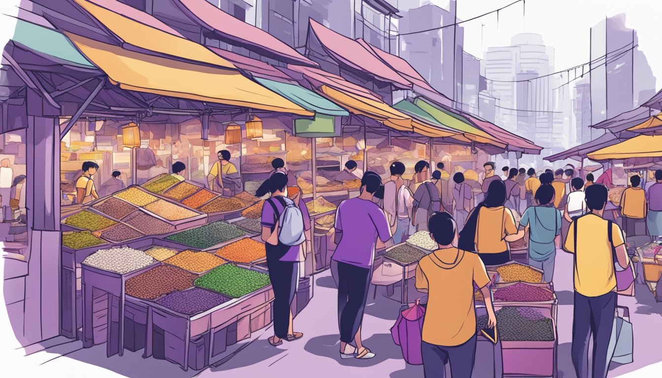 A bustling marketplace with colorful stalls selling purple rice in Singapore. Customers browse and ask vendors about the product