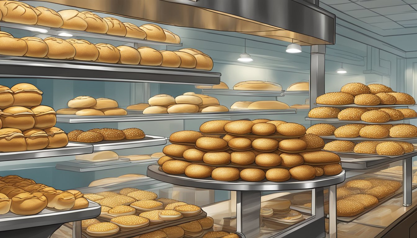 A bustling bakery display showcases rows of golden, sesame-studded hamburger buns, enticingly fresh and fragrant