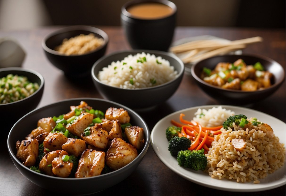 A table set with low carb Chinese take-out dishes, including stir-fried vegetables, cauliflower rice, and grilled chicken, with chopsticks and a soy sauce dish