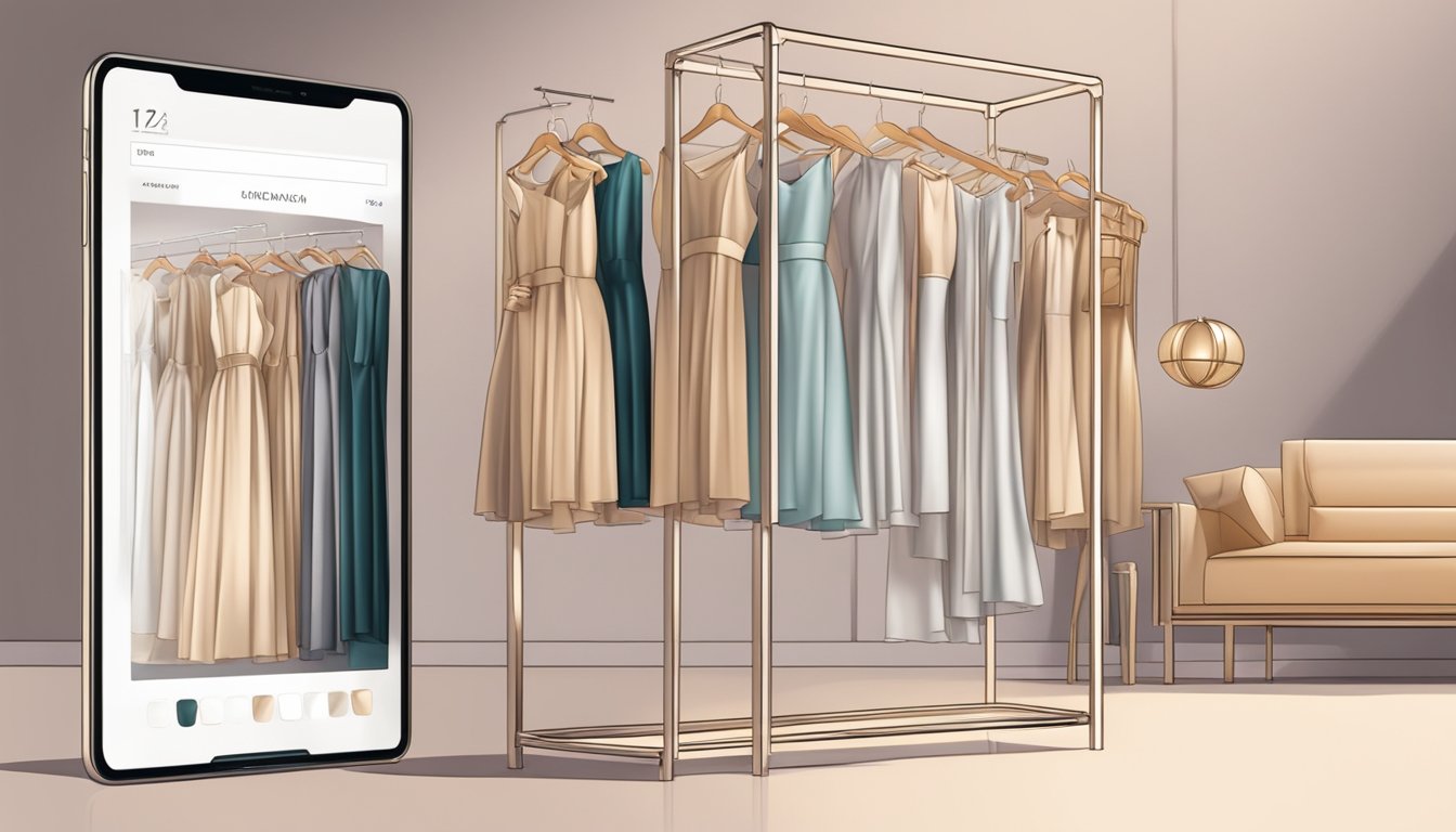 A beautiful dress hangs on a sleek, modern clothing rack, surrounded by soft lighting and luxurious fabrics. The online shopping website is displayed on a sleek tablet nearby