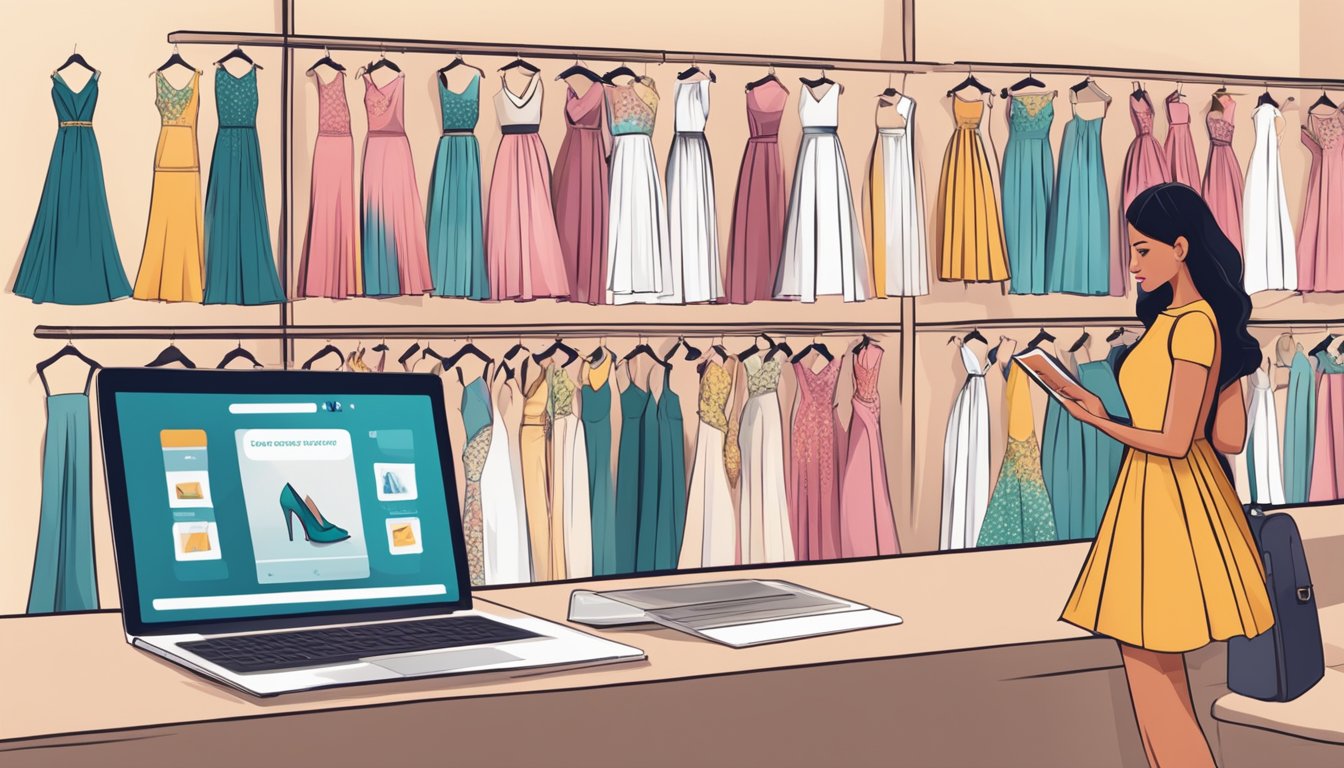 Customers browsing through a variety of dresses online, with a laptop or smartphone in hand, while reading frequently asked questions about buying dresses in Dubai