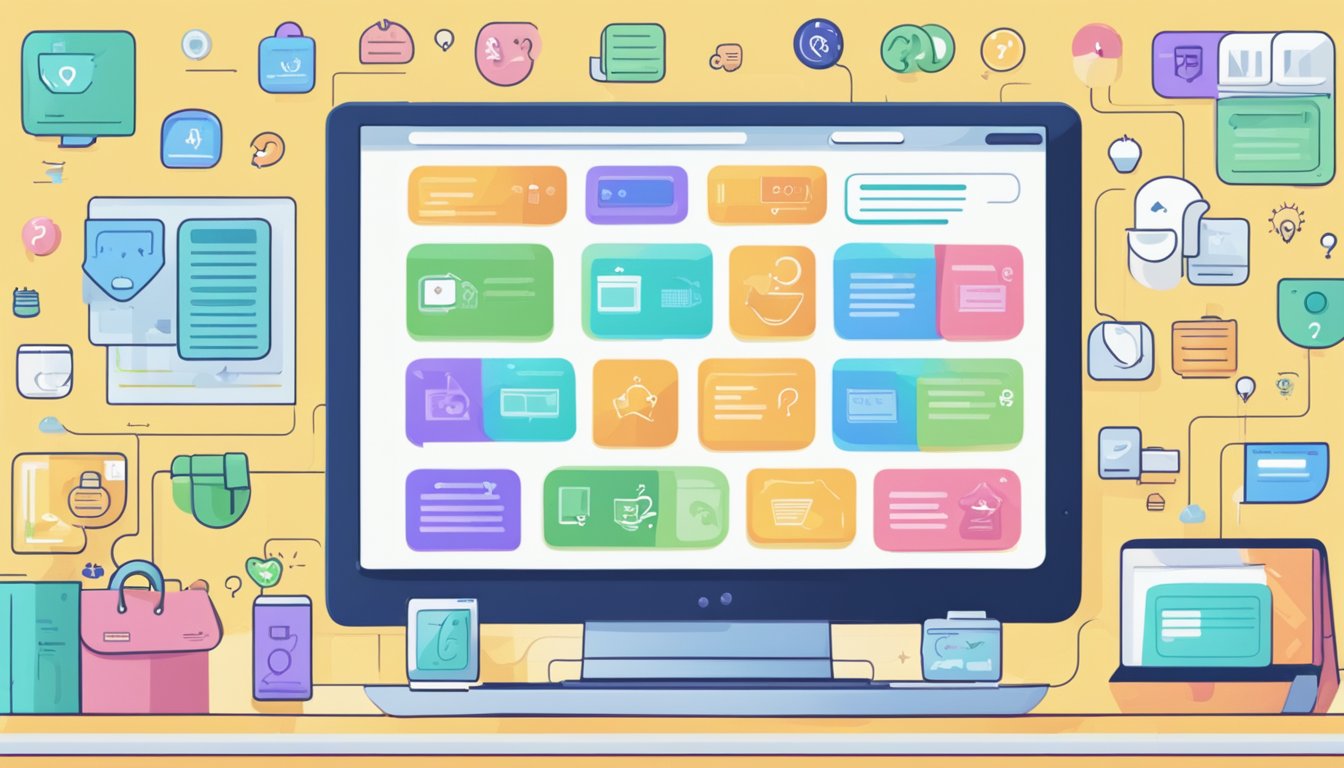 A computer screen with a list of common questions about buying nappies online, surrounded by colorful icons and a friendly chatbot