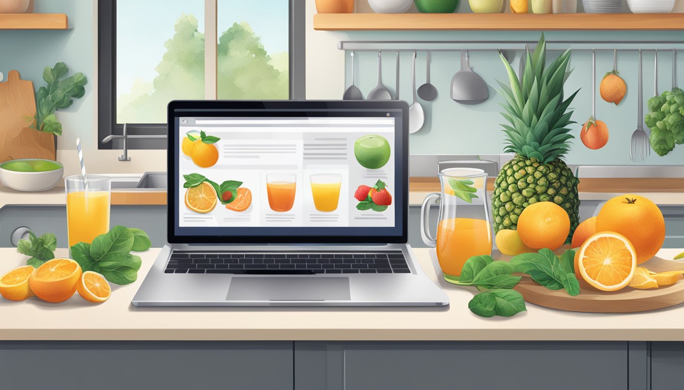 A laptop open on a kitchen counter, with a website showing various organic juice options. A mouse hovers over the "buy now" button