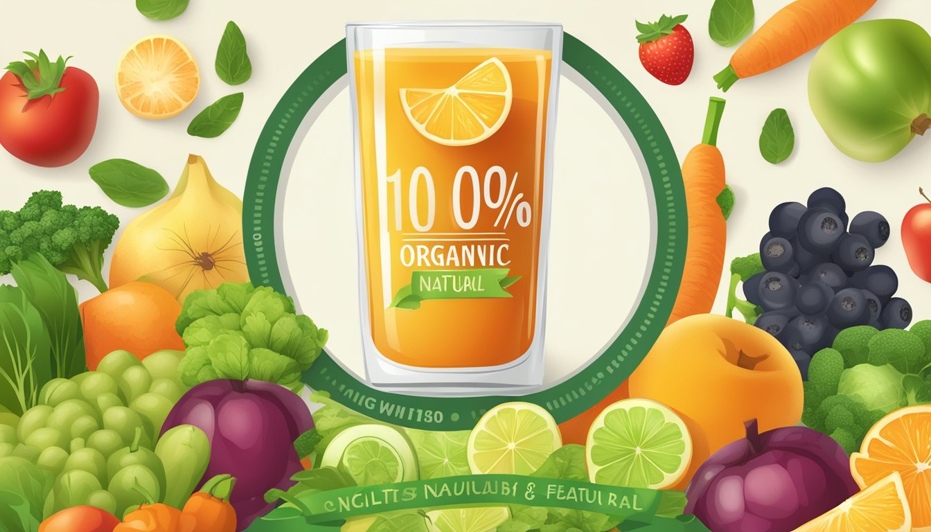 A glass of organic juice surrounded by fresh fruits and vegetables, with a label indicating "organic" and "100% natural ingredients."