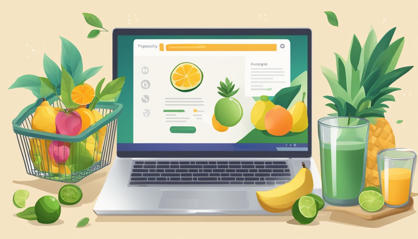 A laptop displaying a website with "Frequently Asked Questions" about buying organic juice online. A glass of juice and a basket of fruits are nearby