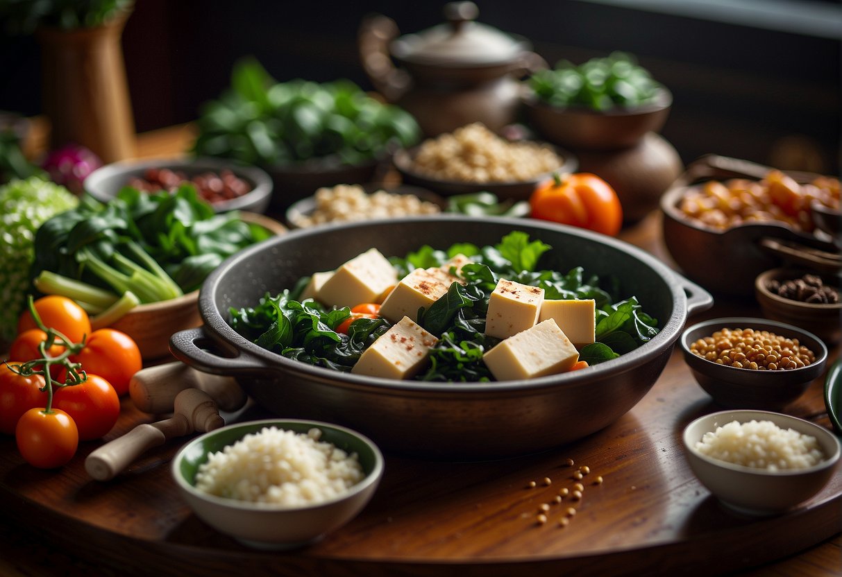 A table set with colorful and fresh ingredients like tofu, leafy greens, and lean meats, surrounded by traditional Chinese cooking utensils