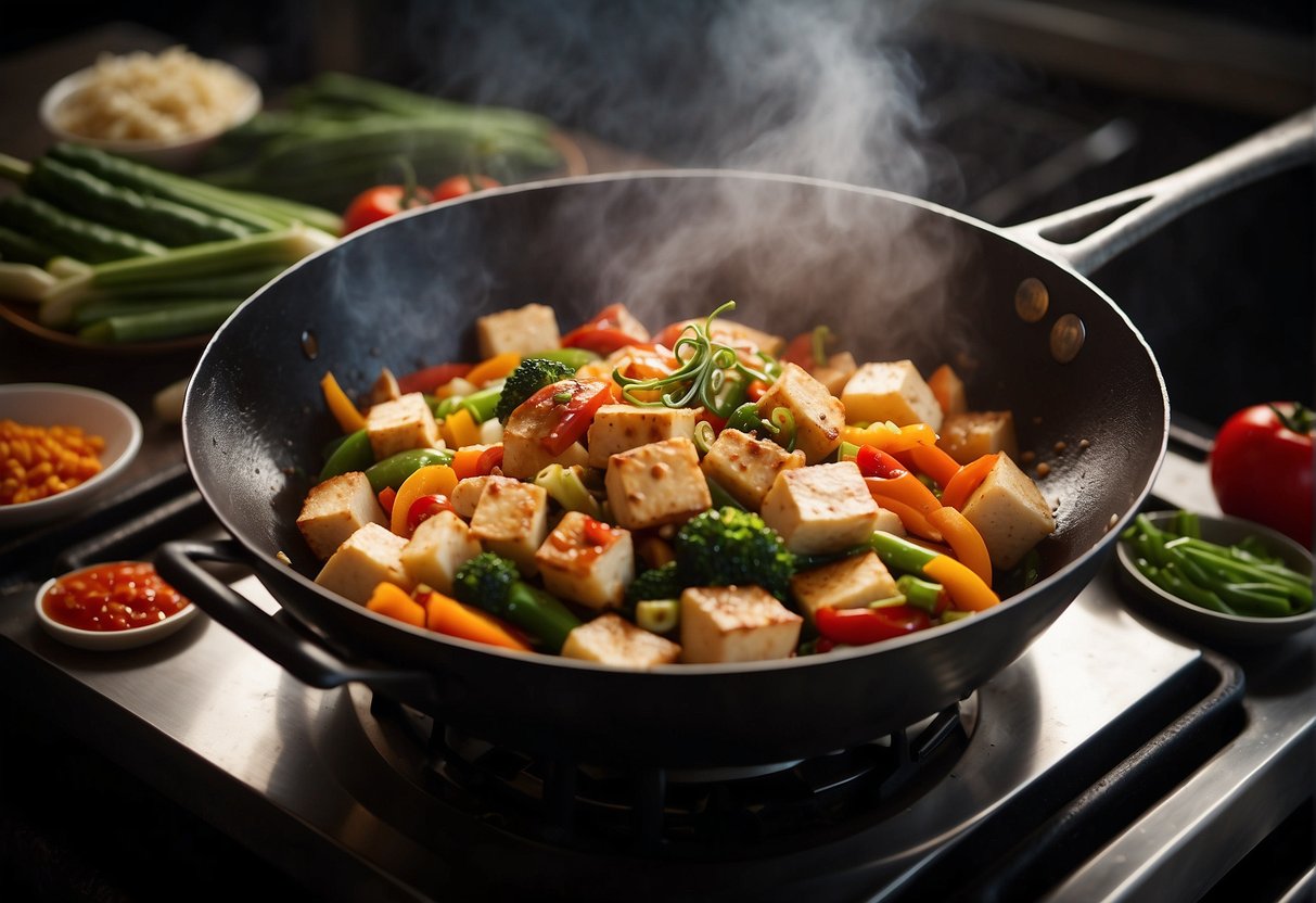 A wok sizzles with colorful vegetables and lean meats, steaming with fragrant low-sodium sauces. A chef's knife slices through tofu and ginger with precision