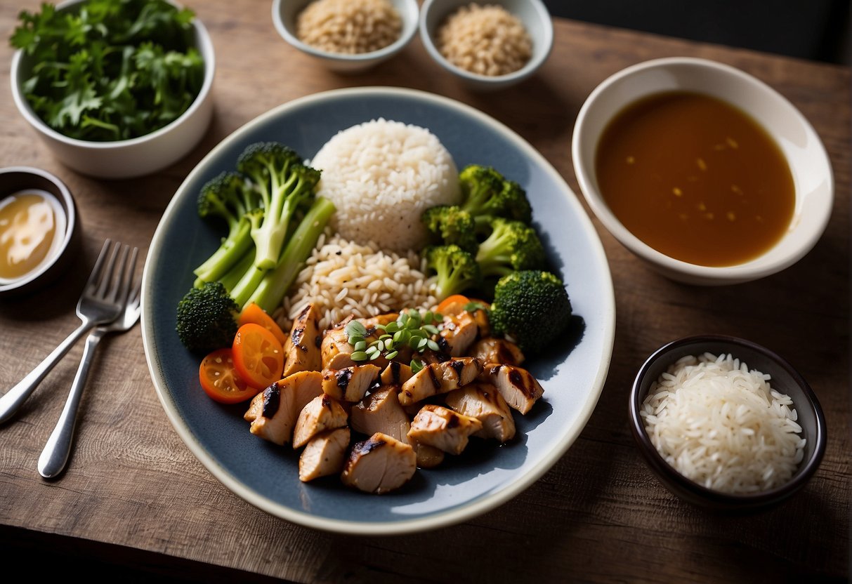 A table set with low fat, low sodium Chinese dishes, including steamed vegetables, grilled chicken, and brown rice. Soy sauce and salt substitutes are on the side