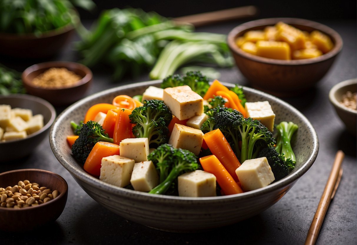 A bowl of steamed vegetables and tofu stir-fry, surrounded by colorful ingredients like ginger, garlic, and leafy greens