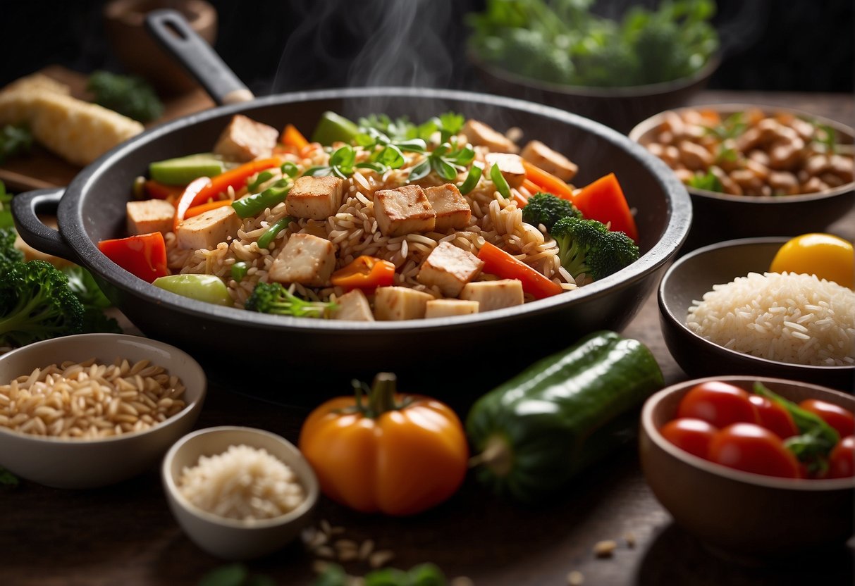 A table set with colorful, fresh ingredients like vegetables, tofu, and lean meats. A wok sizzling with stir-fry, steam rising. A bowl of brown rice on the side