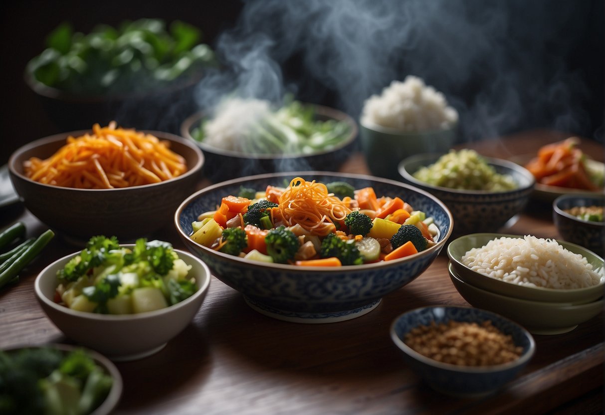 A table set with colorful, vegetable-packed Chinese dishes, steaming and aromatic, with a focus on low-sodium, low-fat options