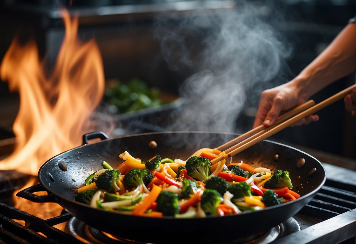 A wok sizzles with stir-fried vegetables. A chef adds low-cholesterol soy sauce. Steam rises as they toss the ingredients