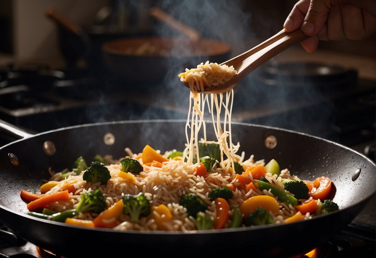 A wok sizzles with stir-fried veggies and lean protein. A chef adds ginger and garlic, then a splash of low-sodium soy sauce. A steaming pot of brown rice simmers on the stove