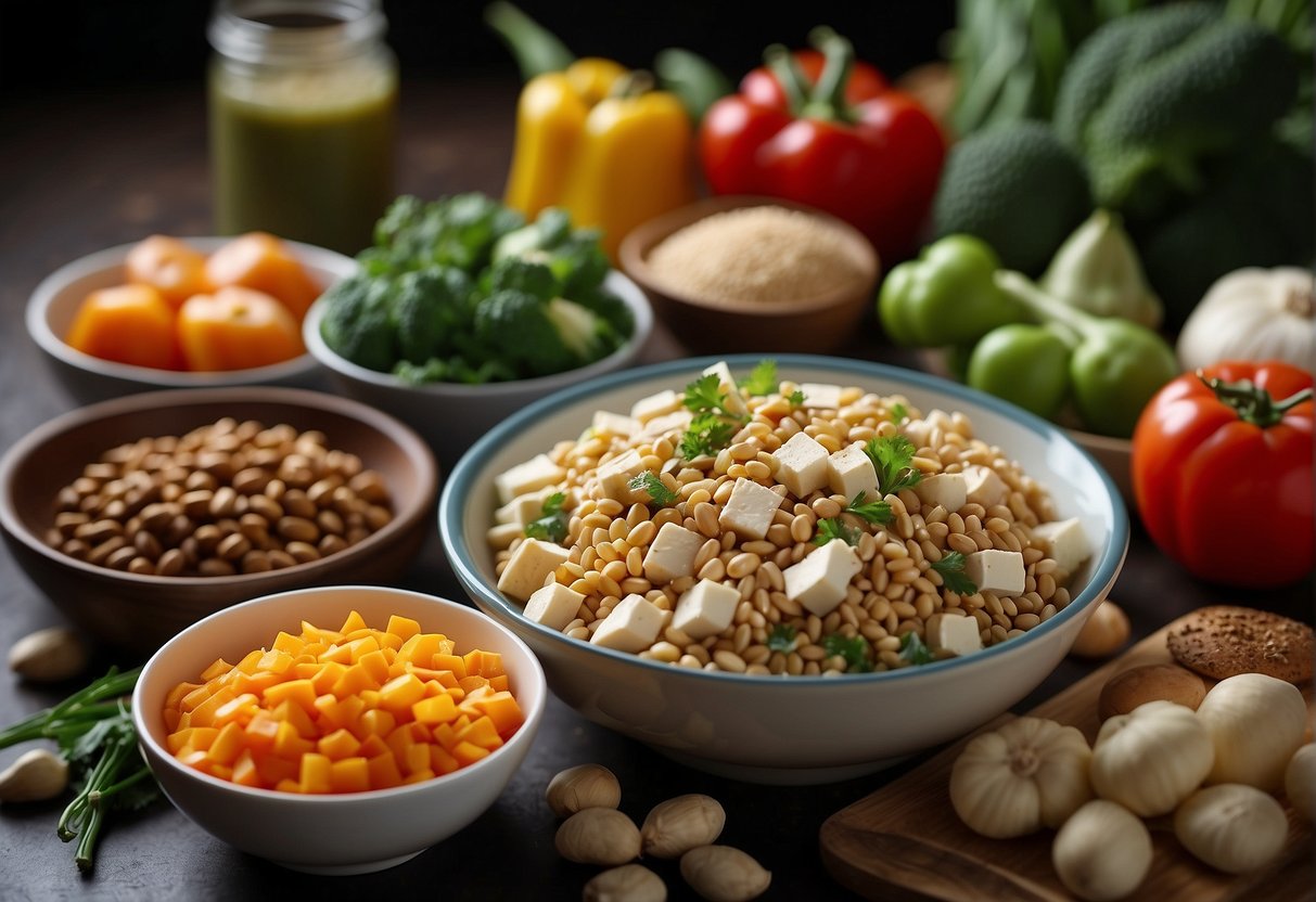A table filled with colorful ingredients like vegetables, tofu, and whole grains, with a cookbook open to low cholesterol Chinese recipes