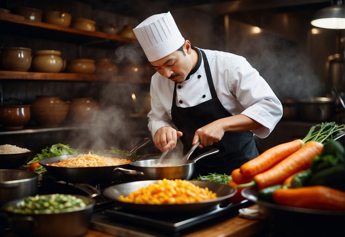 A chef stirring a wok filled with colorful, steaming vegetables and lean cuts of meat, surrounded by shelves of exotic spices and cookbooks