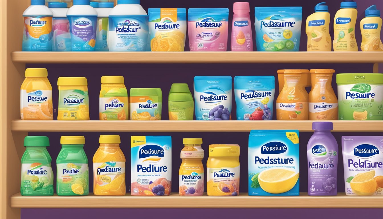 A colorful display of Pediasure products, with vibrant packaging and a variety of flavors, arranged neatly on a shelf. A computer or mobile device with an online shopping website showing "buy Pediasure online" is in the background