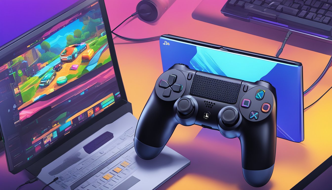 A PS4 console connected to the internet, with a controller nearby, showcasing an online gaming session with vibrant graphics and intense action