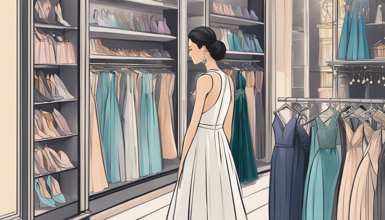 A woman browsing through racks of elegant evening gowns in a boutique in Singapore. The store is filled with luxurious fabrics and sparkling embellishments