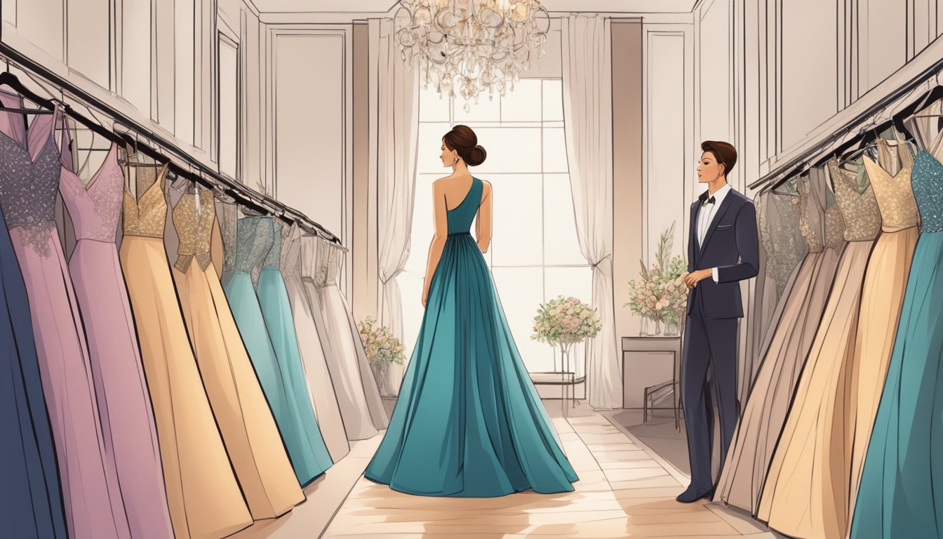 A woman admires a rack of elegant evening gowns in a boutique, surrounded by soft lighting and luxurious fabrics