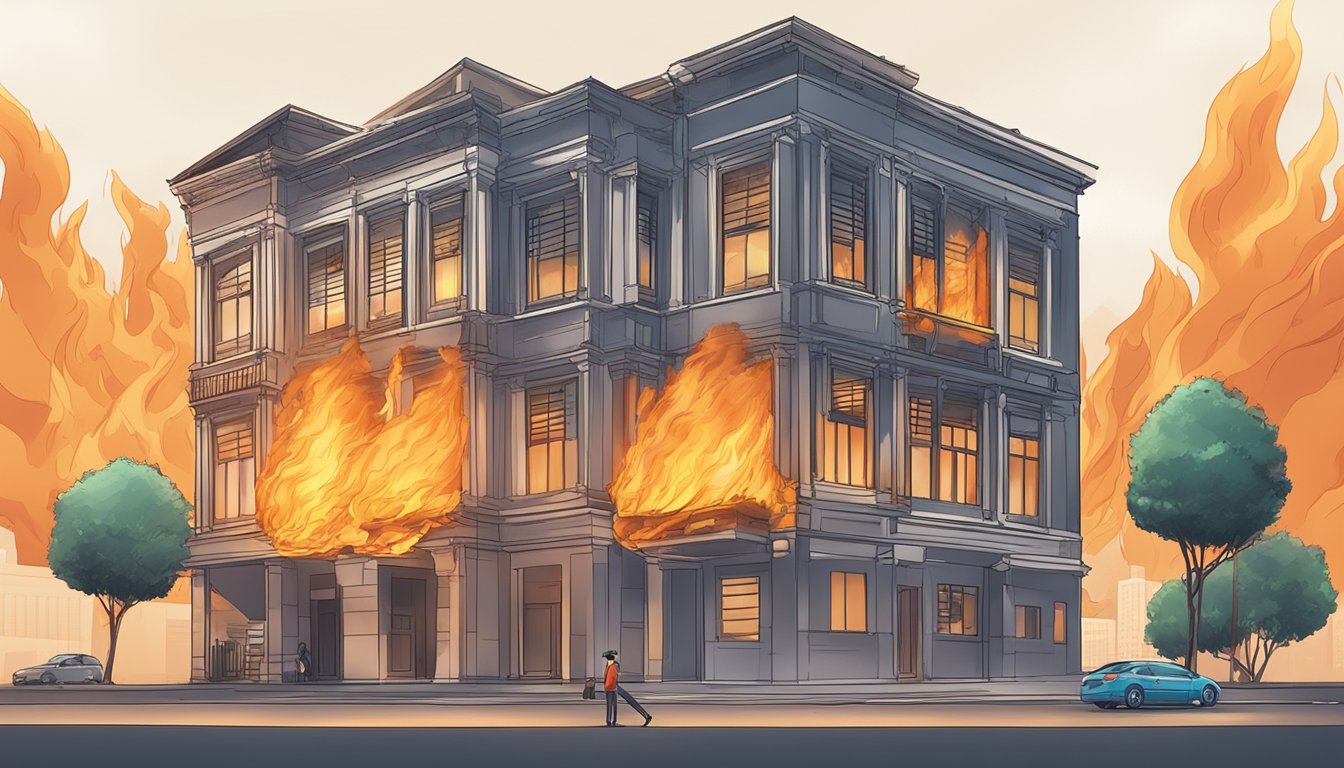A burning building with flames engulfing the structure, while a fire insurance policy is being purchased online in Singapore