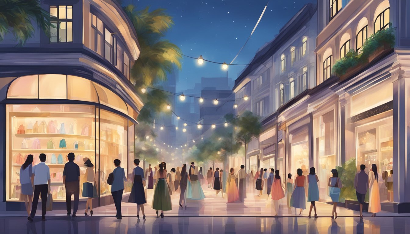 Shoppers browse luxury boutiques in Singapore, admiring evening gowns. Bright lights illuminate the elegant storefronts and bustling crowds
