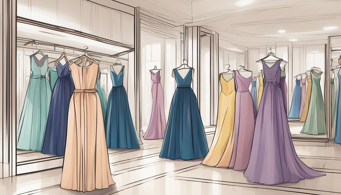 A rack of elegant evening gowns displayed in a boutique, with a sign reading "Frequently Asked Questions buy evening gown Singapore" prominently placed nearby