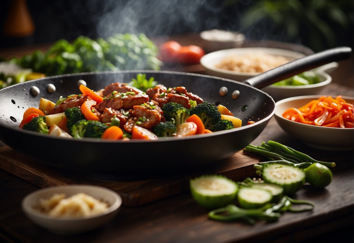 A wok sizzles with vibrant vegetables and tender meat, seasoned with aromatic herbs and low-sodium soy sauce
