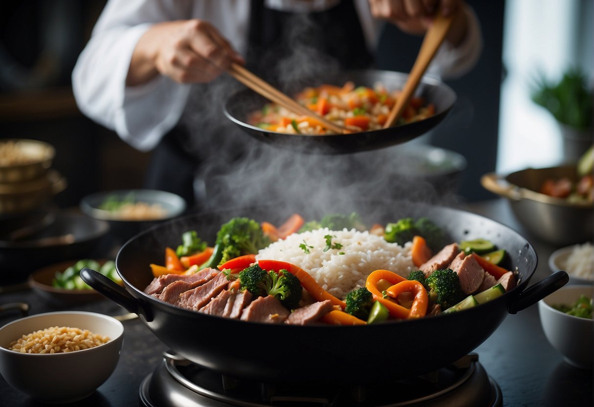 A wok sizzles with vibrant veggies and lean meats, as a chef sprinkles a pinch of low-sodium soy sauce. A steaming pot of fragrant jasmine rice completes the scene