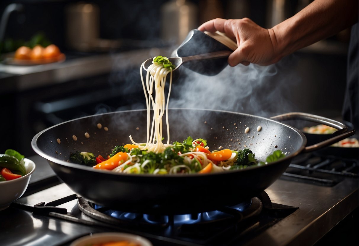 A wok sizzling with stir-fried vegetables, soy sauce being poured into a dish, a chef sprinkling herbs onto a steaming pot of broth