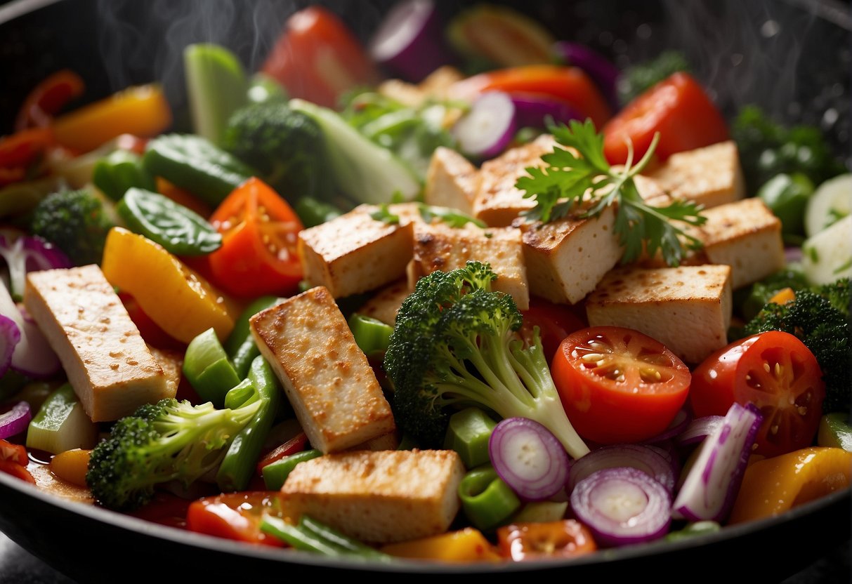 A colorful array of fresh vegetables, tofu, and lean meats sizzling in a wok, with aromatic herbs and spices, creating a tantalizing low-salt Chinese stir-fry