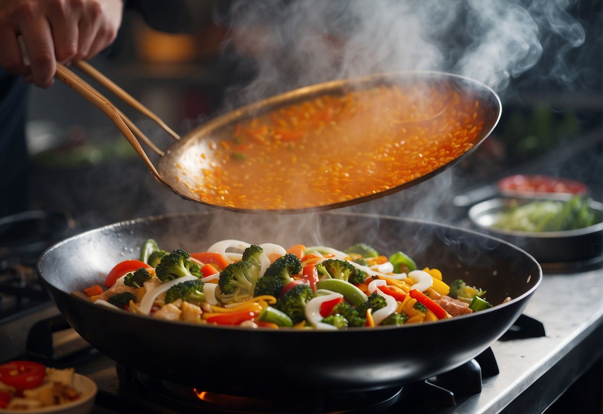 A wok sizzles with fresh vegetables and lean meats, infused with fragrant low-sodium sauces. Steam rises as the chef tosses the ingredients, creating a colorful and appetizing display