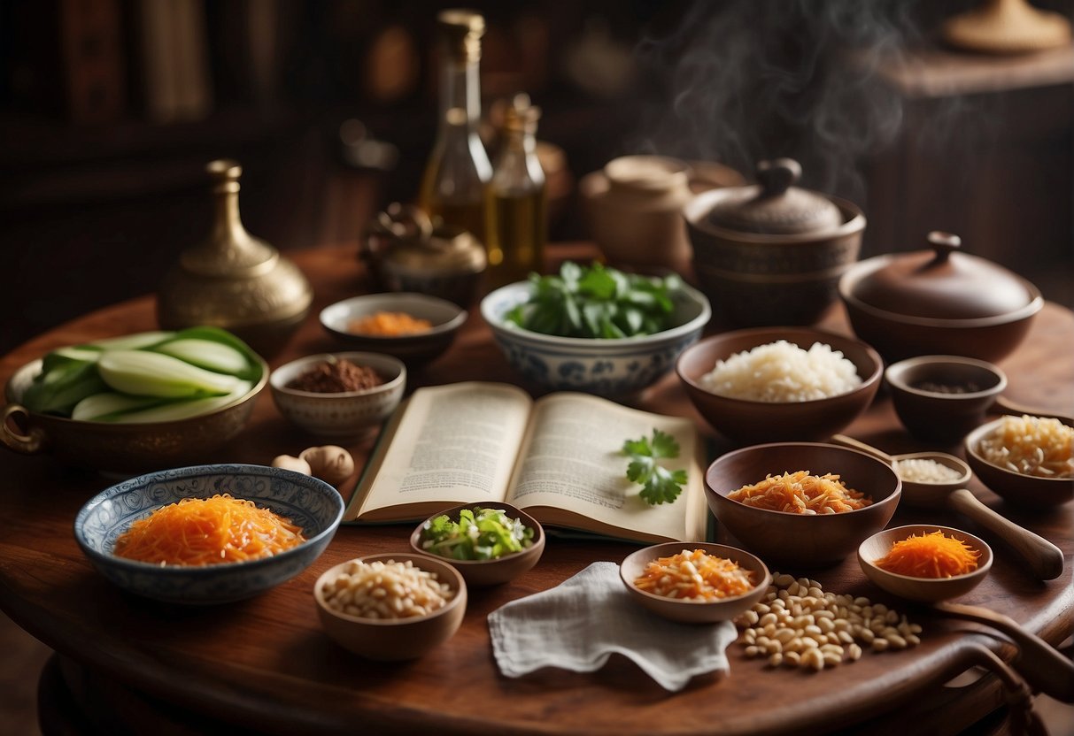 A table with various Chinese ingredients and cooking utensils, with a cookbook open to a page titled "Low Salt Chinese Recipes."