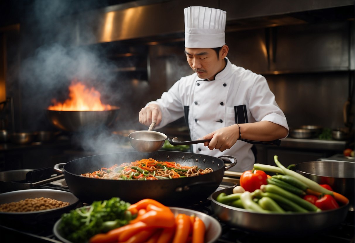 A chef carefully measures low-sodium soy sauce into a sizzling wok, surrounded by vibrant, fresh vegetables and aromatic spices