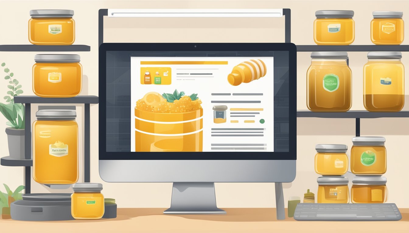 A computer screen displaying a website with a variety of raw honey jars available for purchase, with a "buy now" button highlighted