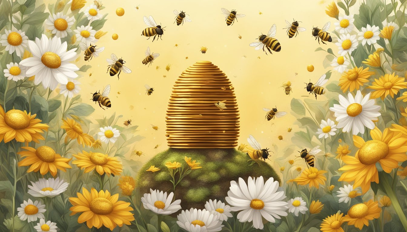 A buzzing beehive surrounded by wildflowers and honeycombs dripping with golden raw honey