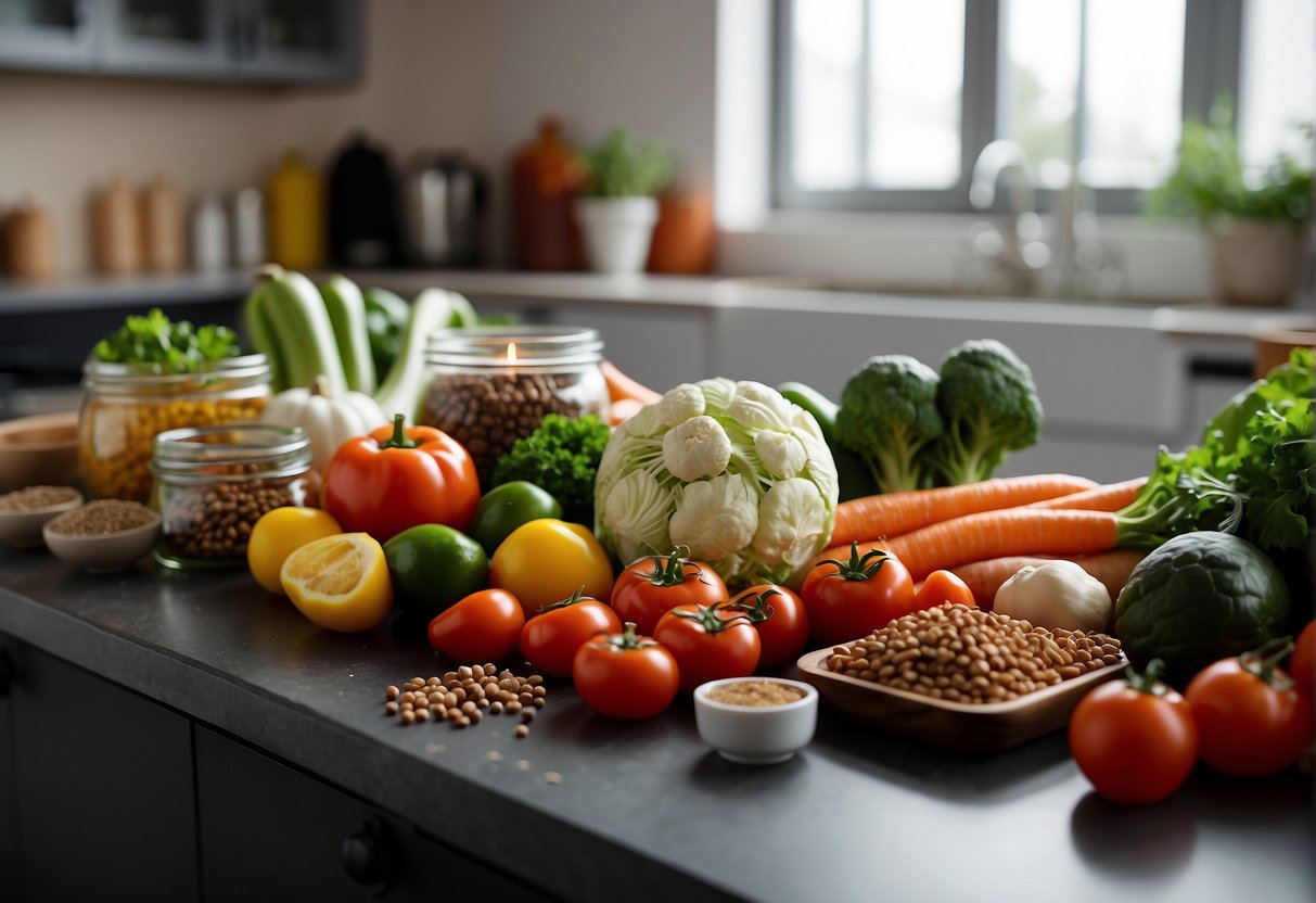 A colorful array of fresh vegetables, lean proteins, and aromatic spices arranged on a clean, organized kitchen counter