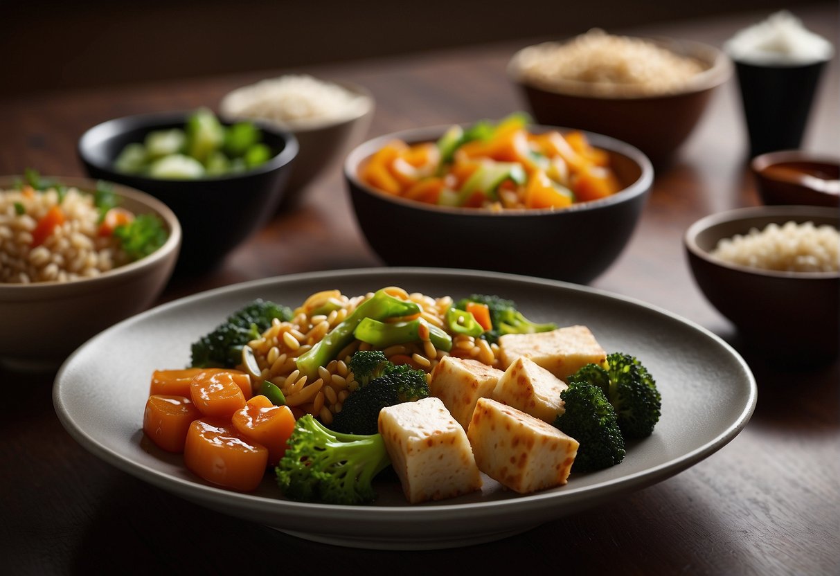 A table set with a variety of low sodium Chinese dishes, including steamed vegetables, stir-fried tofu, and brown rice. A bowl of low sodium soy sauce sits in the center