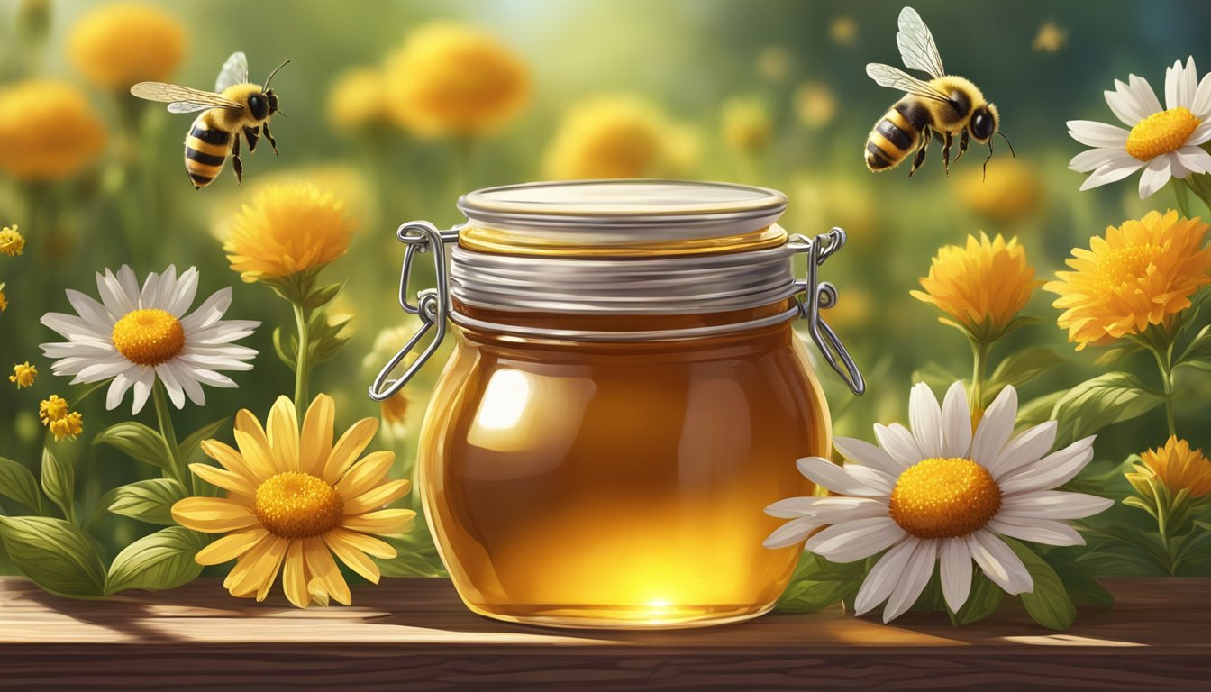A jar of unprocessed honey sits on a wooden table, surrounded by wildflowers and bees. The golden liquid glistens in the sunlight, inviting the viewer to savor its pure taste