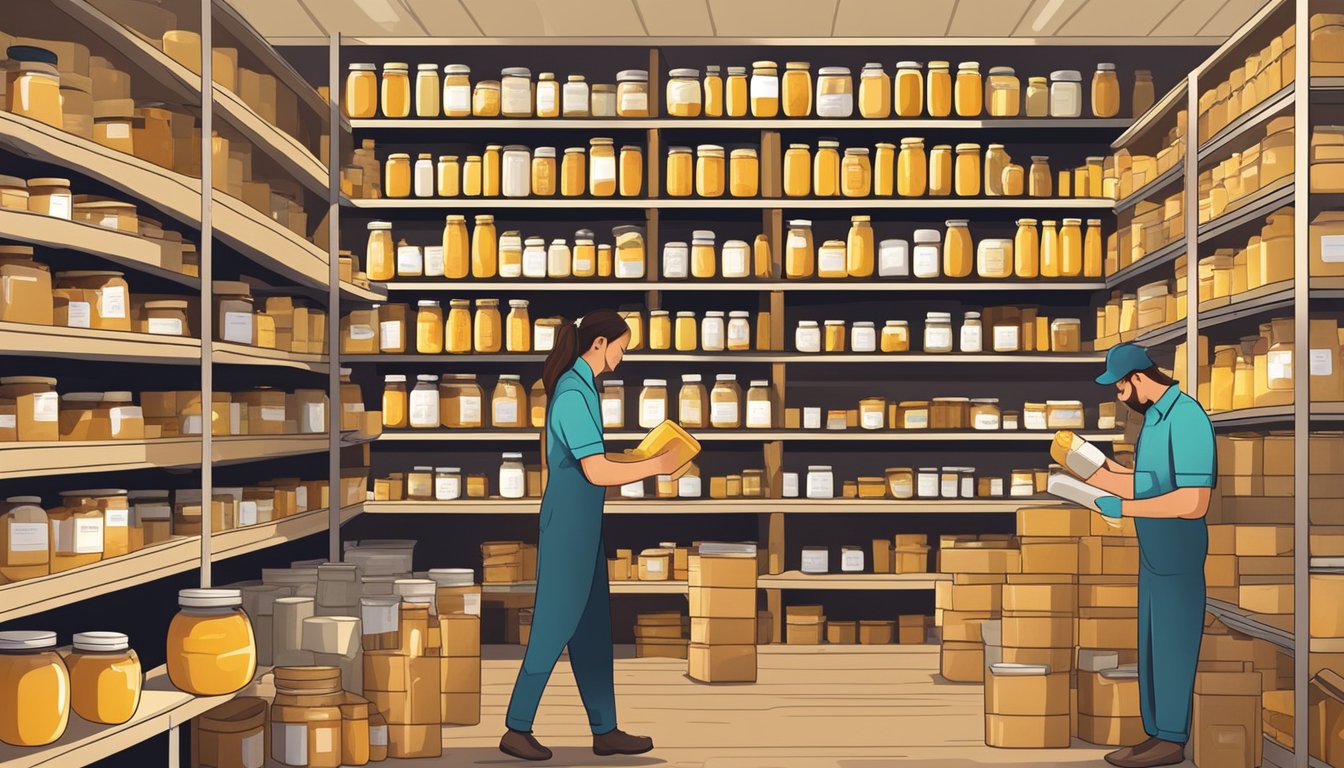 Customers browsing shelves of raw honey jars, reading labels, and selecting products. Online orders being packed and shipped by workers in a busy warehouse