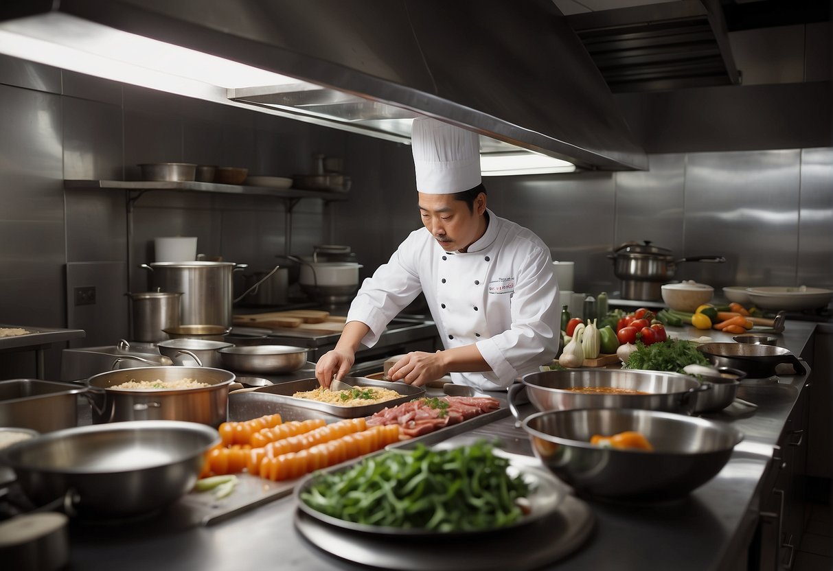 A chef preparing low sodium Chinese dishes in a bustling kitchen, surrounded by fresh ingredients and cooking utensils