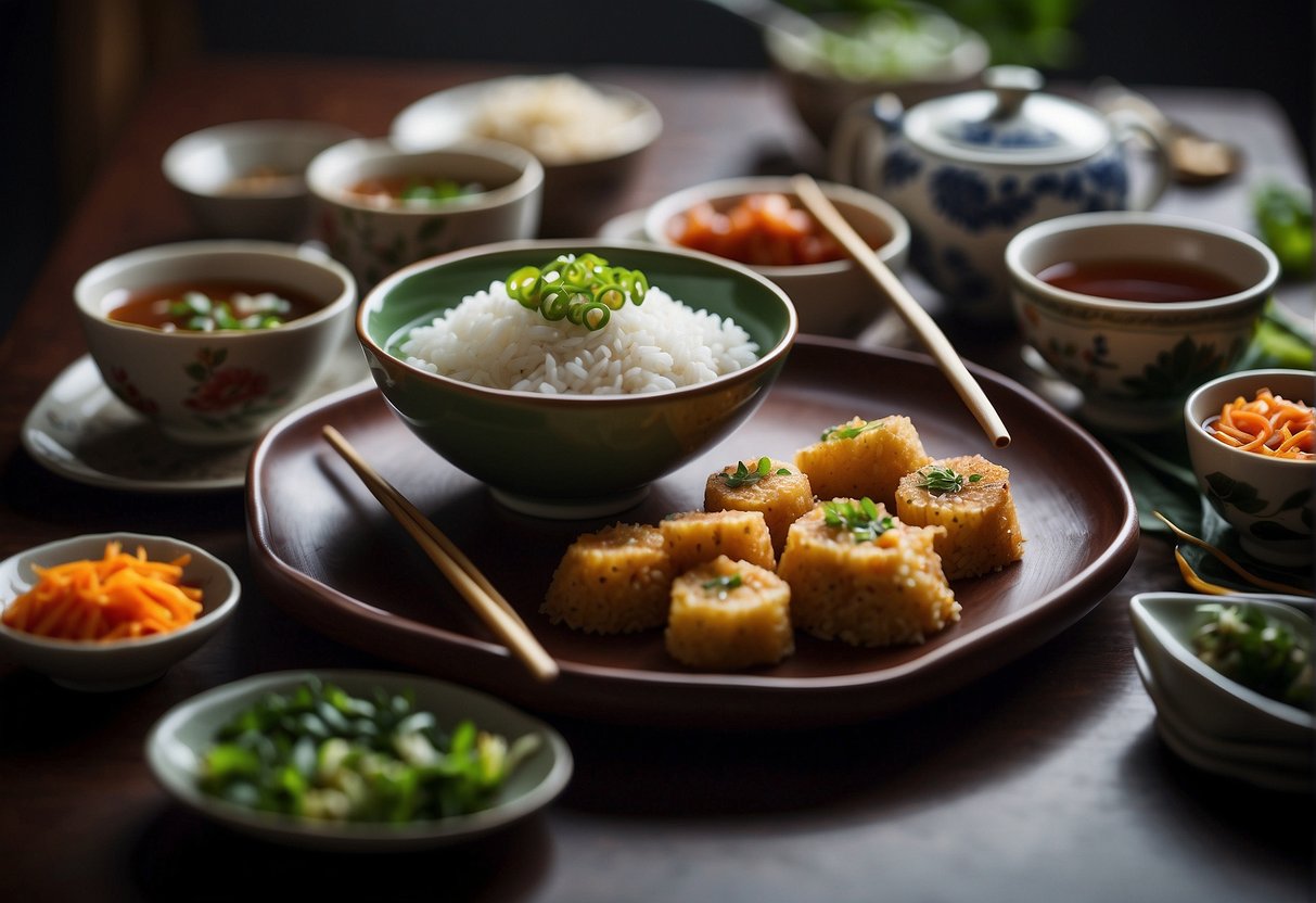 A table set with colorful vegetarian Chinese dishes, steaming bowls of rice, chopsticks, and a teapot with cups