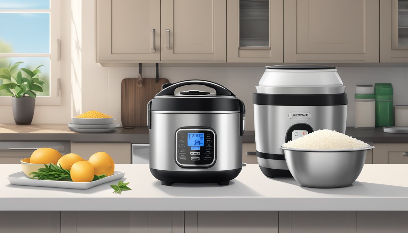 A modern kitchen with a sleek, stainless steel rice cooker sitting on a countertop next to bags of jasmine and basmati rice. The soft glow of the overhead lights highlights the appliance's digital display and control panel