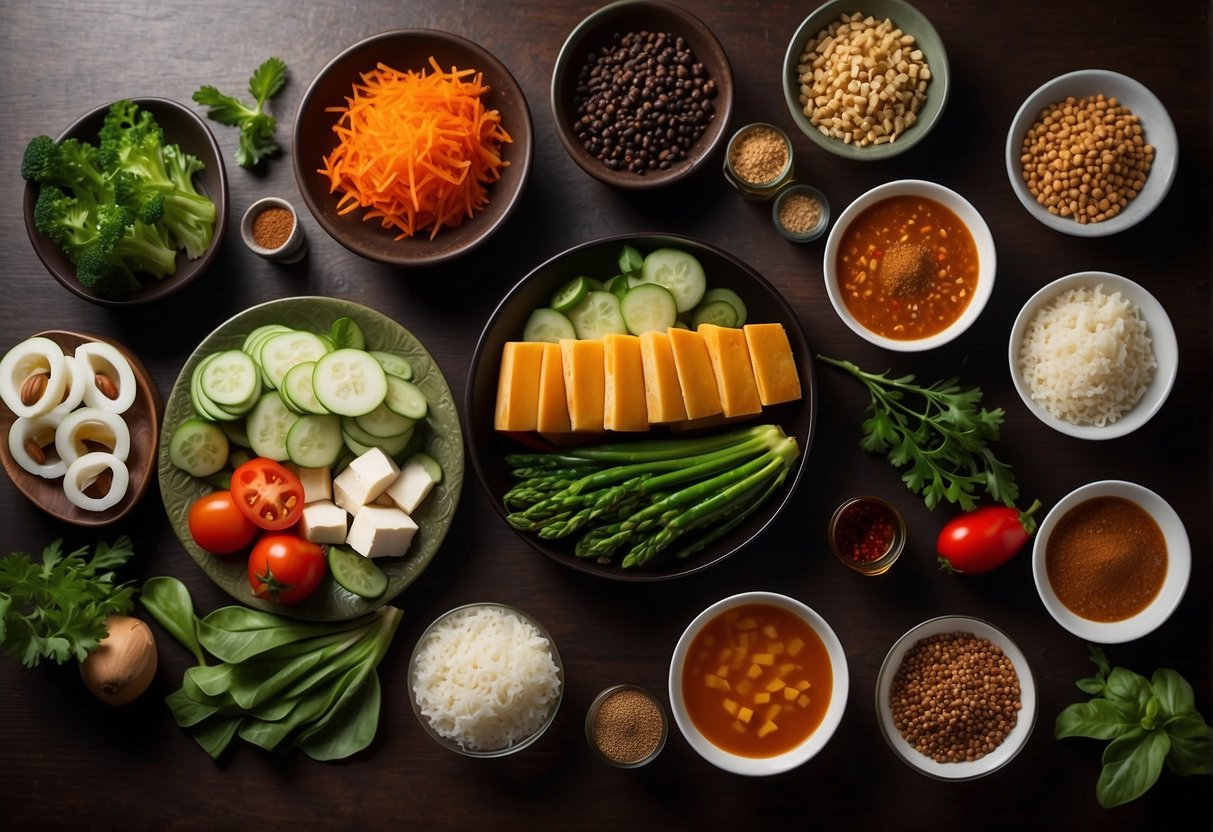 A table set with fresh vegetables, tofu, soy sauce, and various spices for Chinese vegetarian cooking