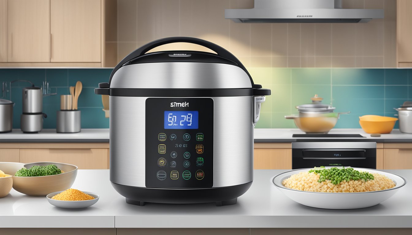 A sleek, modern rice cooker sits on a kitchen countertop, steam gently rising from the lid. The digital display shows various cooking options, while a timer counts down