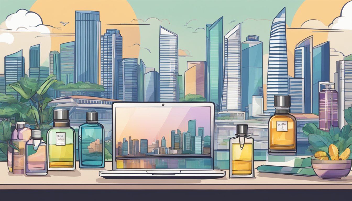 A laptop displaying a variety of fragrance bottles, with a Singapore skyline in the background