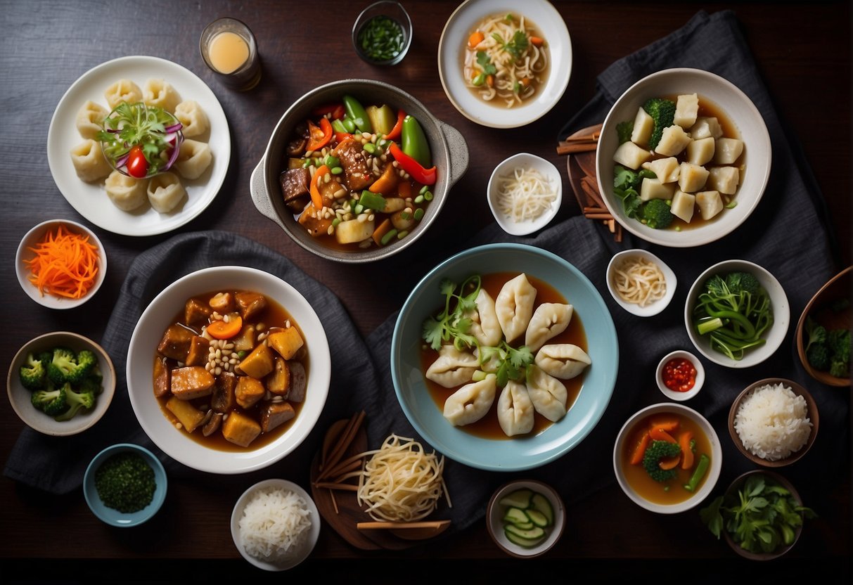 A table set with various colorful vegetarian Chinese dishes, including stir-fried vegetables, tofu dishes, and steamed dumplings