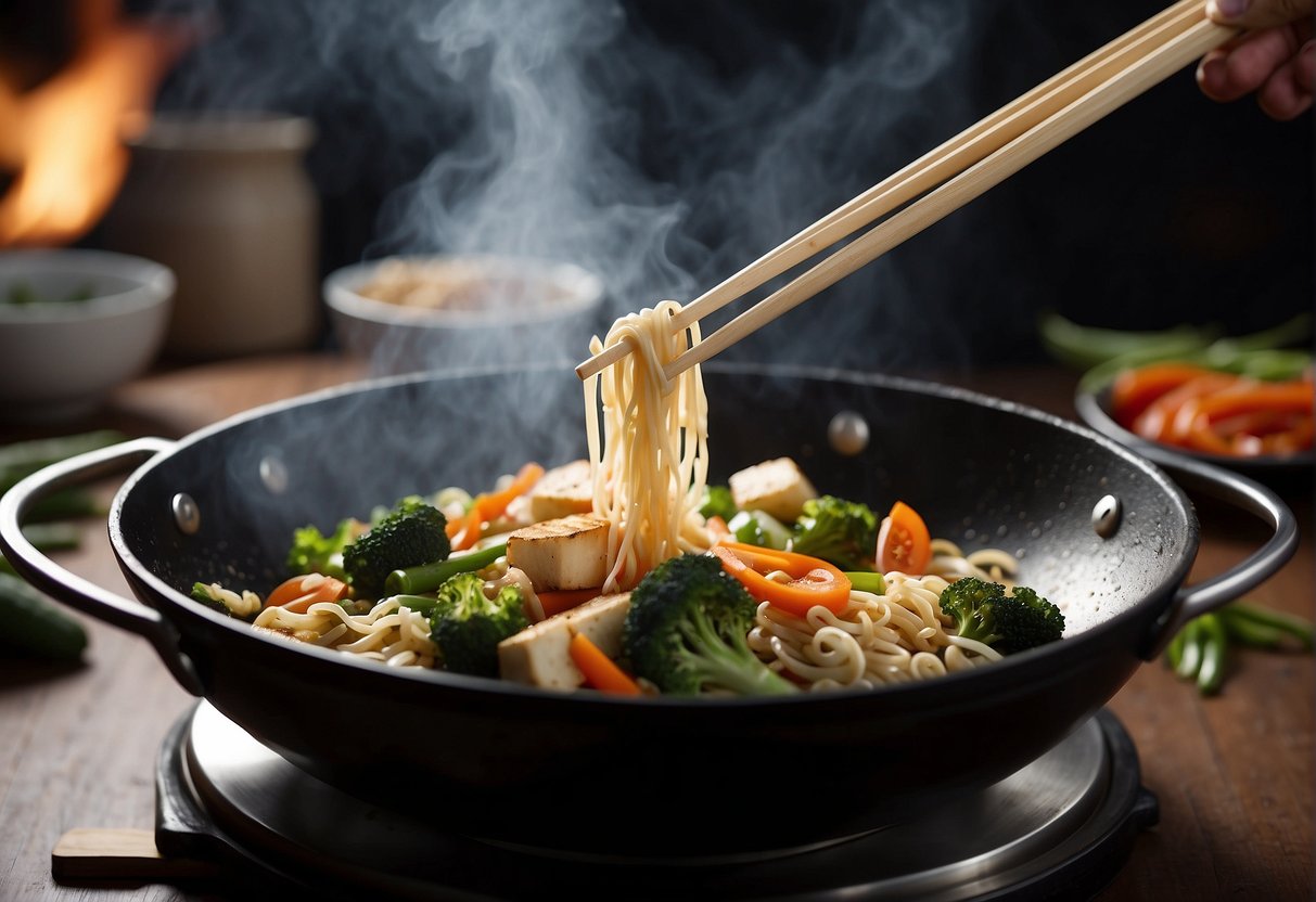 A wok sizzles as vegetables are stir-fried. Chopsticks toss tofu and noodles in a savory sauce. Steam rises from a pot of fragrant jasmine rice