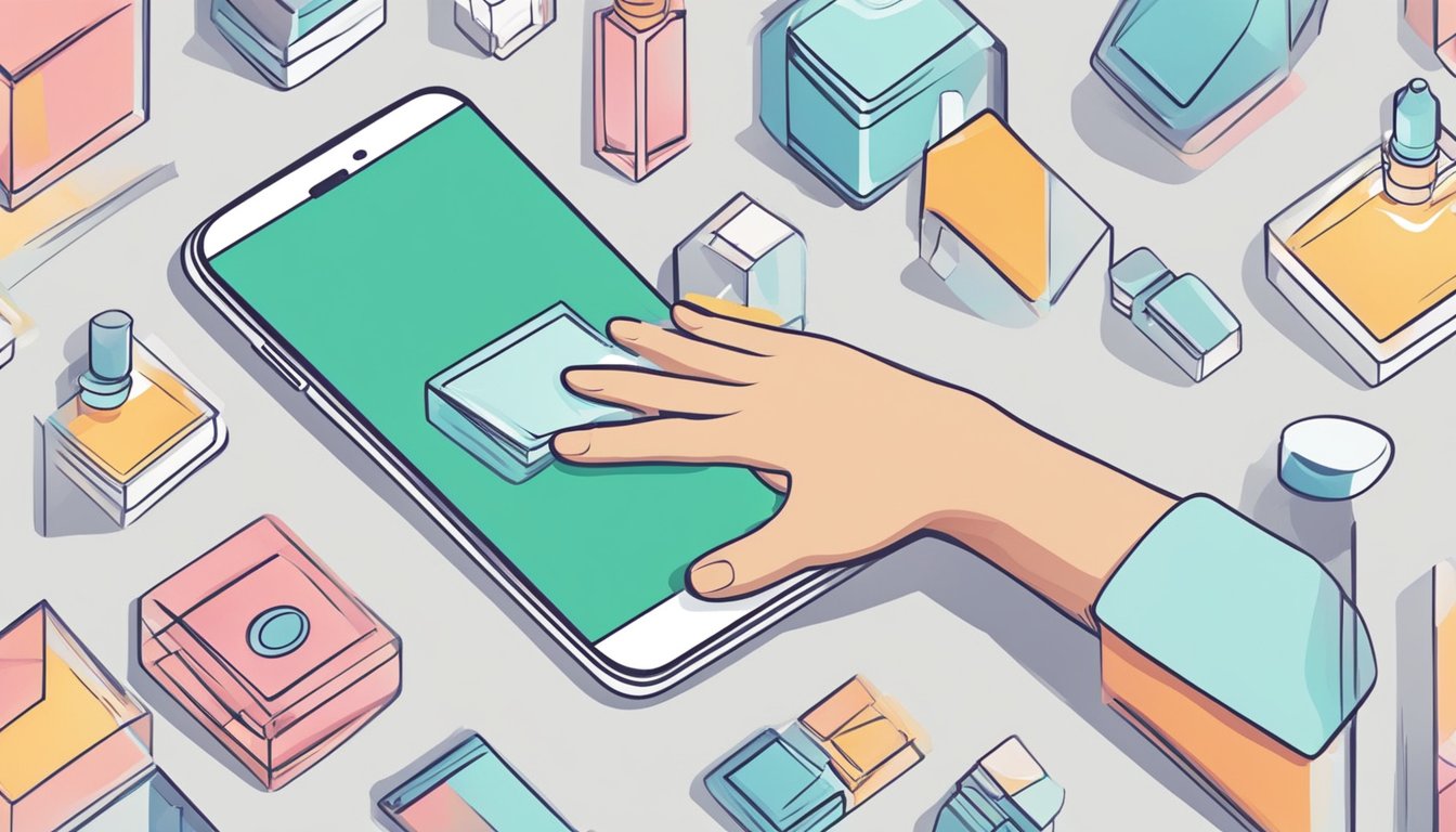 A hand reaches for a smartphone, tapping the screen to order fragrances. A seamless online shopping experience is depicted with a smooth, easy process