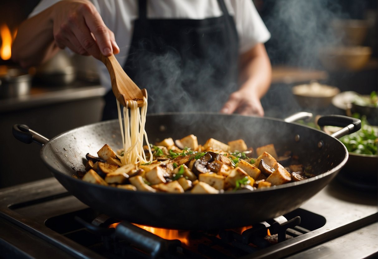 A chef mixes tofu, mushrooms, and traditional Chinese spices in a sizzling wok, creating a vegetarian version of a classic Chinese dinner recipe