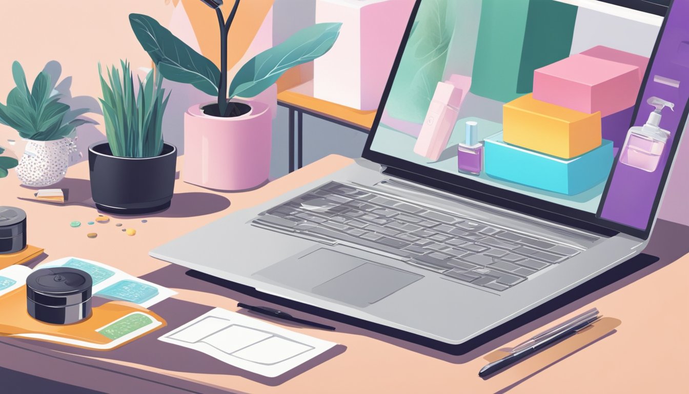 A laptop open on a desk, with a website displaying various fragrances for sale. A hand reaches for a mouse, ready to make a selection